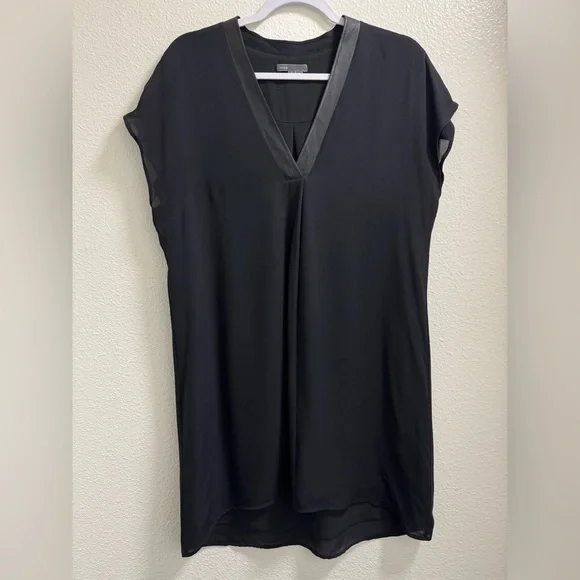 Vince | Dresses | Vince Silk Shift Dress Leather Vneck Trim Lined  Sleeveless Black Womens Small | Poshmark